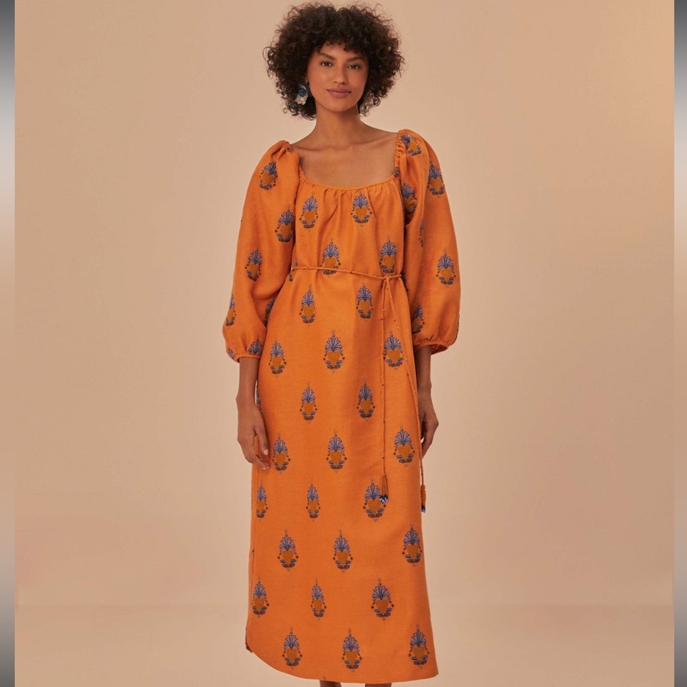 Farm Rio Marigold Embroidered Midi Dress